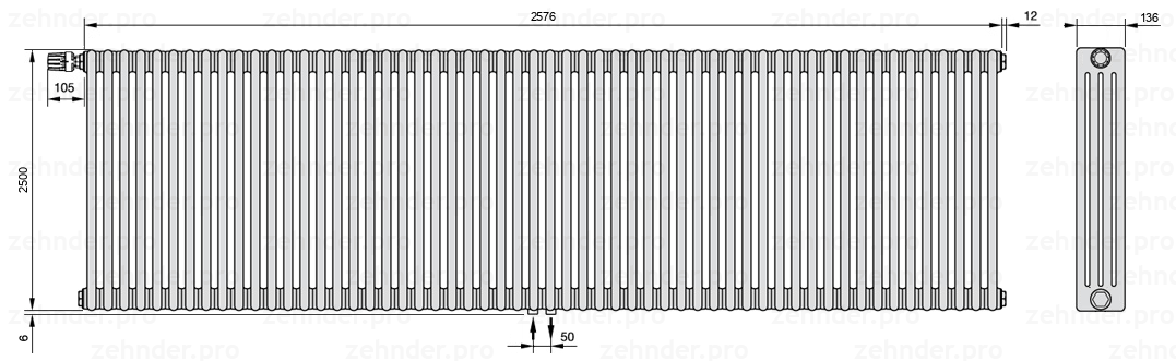 Схема (чертеж) Радиатор Zehnder Charleston 4250/56 №V007 Белый глянцевый RAL 9016